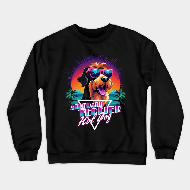 Retro Wave Airdale Terrier Hot Dog Shirt Crewneck Sweatshirt by Miami Neon Designs